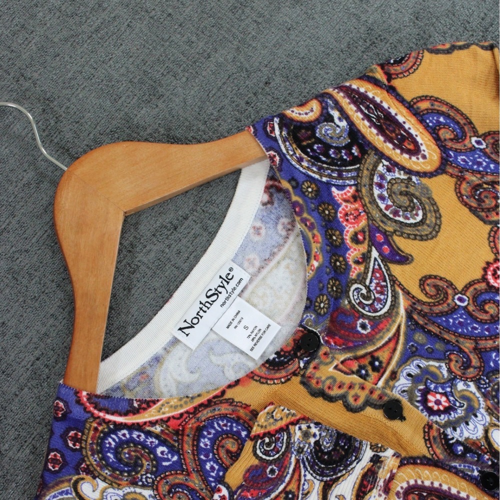 NorthStyle Paisley Print Cardigan Sweater Womens Small 3/4 Sleeve Multi-Color